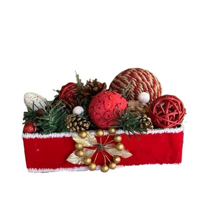 Table Centerpiece Christmas Pine Cones Red White Berries Orbs 10 x 7 x 5 inches