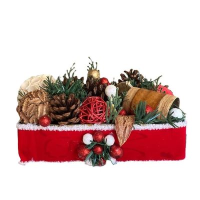 Table Centerpiece Christmas Pine Cones Red Berries Orbs Wood Shavings 10 x 7 x 5 inches