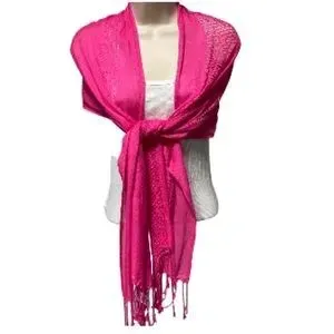 Fringe Scarf Sarong Cover up Necktie Fuschia Pink Rayon Textured Large
