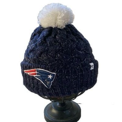 NEW ENGLAND PATRIOTS Knit Cuffed Beanie Hat Blue Silver Metallic White Pom Pom