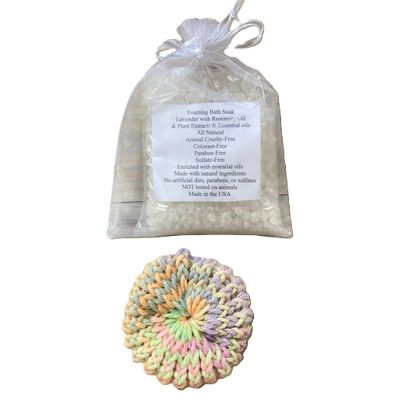 Lavender Rosemary Oil Plant Extracts Essential Oils Foaming Bath Soak and Hand Knitted Washcloth