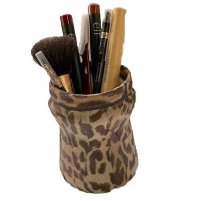 Cheetah Leopard Glass Jar Makeup Brush Holder 4.5 x 3 in