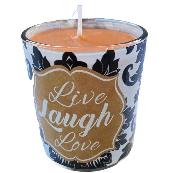 LIVE LAUGH LOVE Pumpkin Spice Paisley Gold Black White Design Candle 6 oz