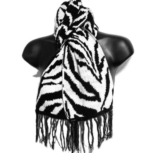 Zebra Fringe Scarf Thick Warm Cozy Black Ivory White 55 x 7.5 inch