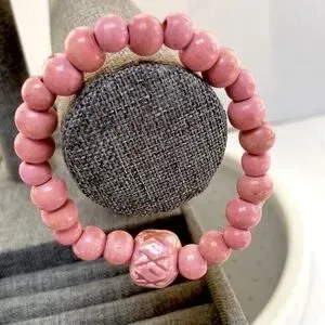 Pretty in Pink Barbie Wood Beaded Stretch Charm Accent Bracelet 7 Inches Long