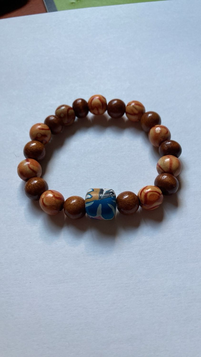 Tiger Eye Wood Beaded Elastic Stretch Energy Charm Bracelet Unisex 7.5 In Long