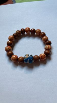 Tiger Eye Wood Beaded Elastic Stretch Energy Charm Bracelet Unisex 7.5 In Long