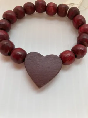 Heart Bracelet Love Romance Pendant Red Wood Stretch 10mm Beads