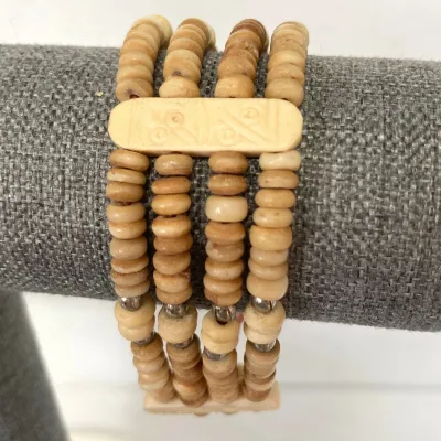 Ethnic Bracelet Carved Polished Bovine Tribal Ethnic Boho Bead Beige Tan 8 inch