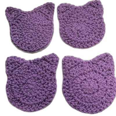 Kitty Cat COASTERS Crocheted by Hand Purple 3.75 inch Diameter Set of 4