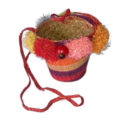 POM POM Mini Crossbody Straw Bucket Back Colorful Fun 5.75 x 5 inches