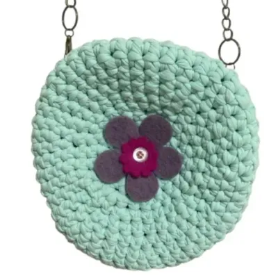 Handmade Purse Crochet Round Circle  Bag Teal with Flower and Chain Handcrafted Handmade in the USA
