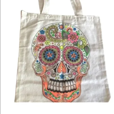 Trick or Treat Tote Bags Halloween 13.5 x 13 x 2.5 inches Hand-Painted Skull Canvas Tote Bag Neon Glow in the Dark or Plain Black and White