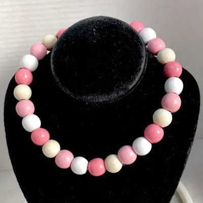 Choker Necklace BARBIE Core Pink Tan and White Beads Statement Clasp Closure 16 inches