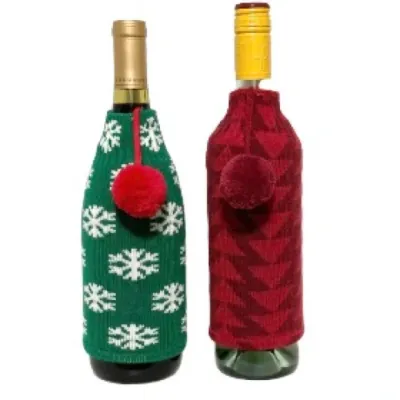 Wine Bottle Sweater Koozie with Pompoms Holiday Christmas 7 x 3.5 inches