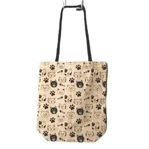 TOTE BAG Kitty Cats Canvas Reusable Shoulder Bag Cream Black Halloween