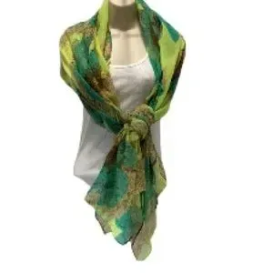 Floral Design Abstract Scarf Wrap Coverup Sarong Green Blue 44" wide x 7 long