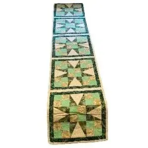 Handmade Table Runner Quilted Starburst Squares Green, Gold, Cream, Brown Handcrafted 74 x 15 inches