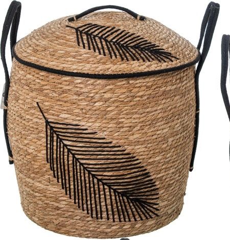 CESTO CON TAPA NATURAL Y DECORACIÓN NEGRA