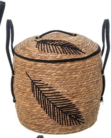 CESTA CON TAPA NATURAL Y DECORACIÓN NEGRA