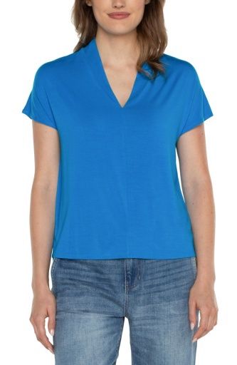 shawl collar short sleeve dolman knit top, Colour: diva blue, Season: spring 24, Size: XS