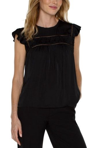 flutter slv woven top w trim detail, Colour: black, Size: M