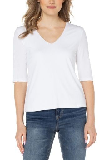 double layer v neck 1/2 sleeve rib knit top, Colour: cream, Size: L