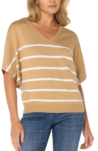 short slv dolman v neck sweater 23.5" hps, Colour: tan white strpe, Season: spring 25, Size: S
