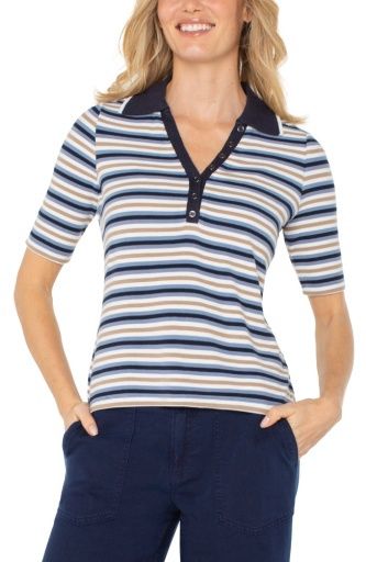 shirred half slv collared henley knit top