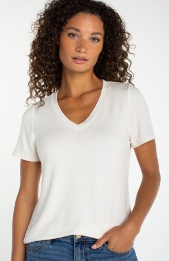 short sleeve v-neck knit tee, Colour: french cream, Size: XS