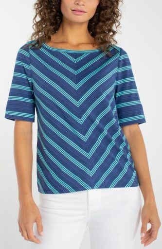 1/2 sleeve fold over boat neck knit top w/ m, Colour: navy/ teal st, Size: XS