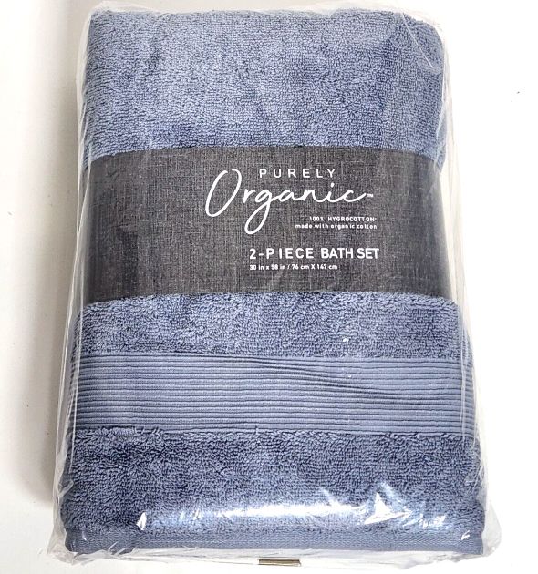 Purely Organic 2pc Bath Towel Set Light Blue 100% Hygrocotton 30 X 58 - New
