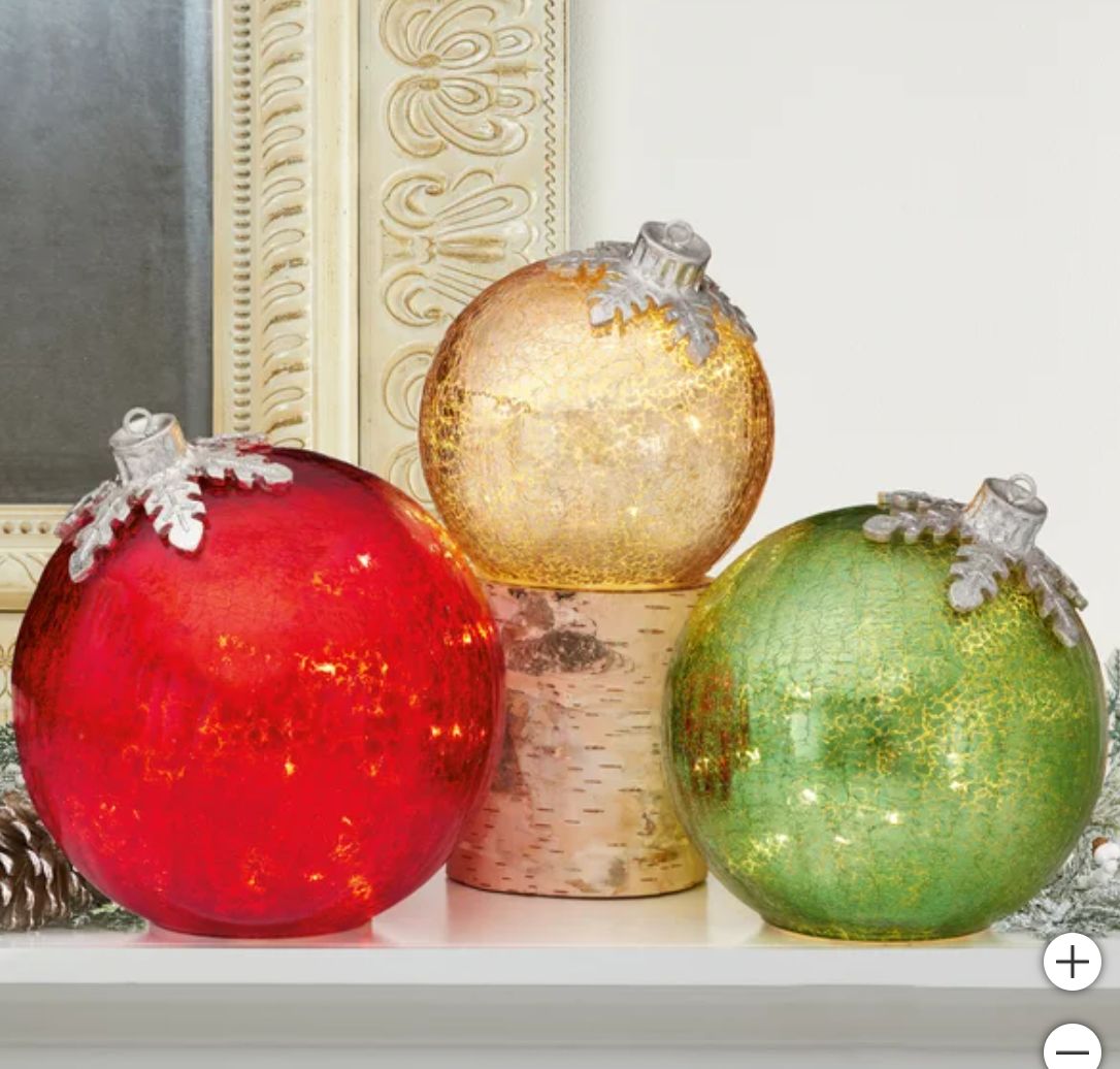 Glass Oversized Tabletop Ornaments with LED Lights, Set of 3