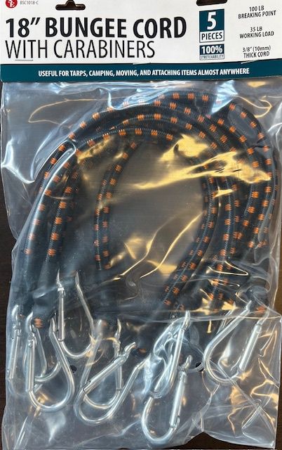 5 Pc Set - 18&quot;/3/8&quot;/10MM Bungee Cord with Carabineer