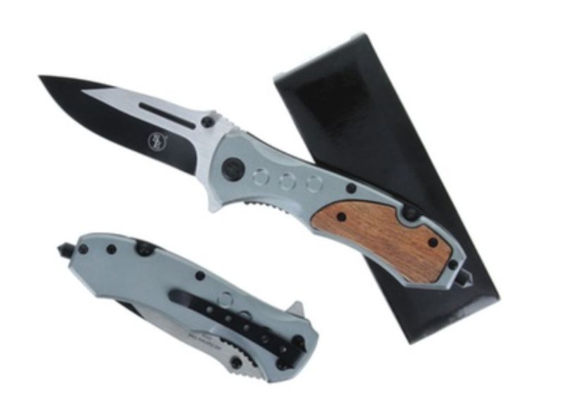 4.5 Matt W/Wood Insert Handle &amp; Window Breaker Pocket Knife W/Clip SS