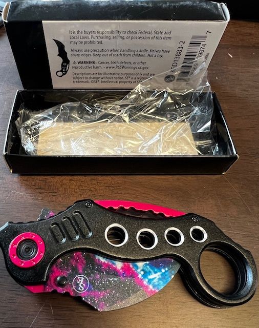 5.25&quot; Spring Assisted Hawk Bill, Pinky Hole, Blue &amp; Purple tiedye design on blade Knife