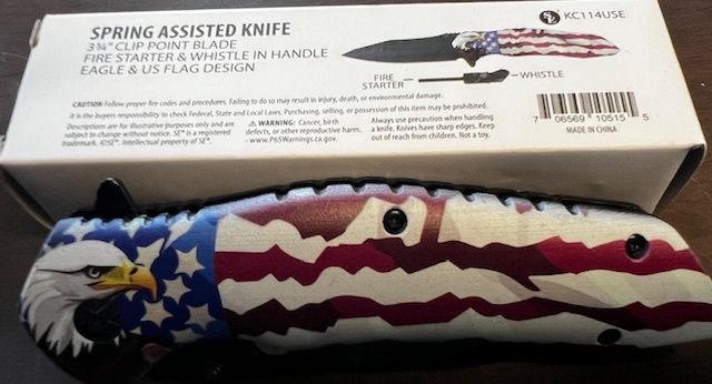 4&quot;/8.25&quot; Spring Assisted Pocket Knife with clip with USA flag &amp; Eagle with fire starter