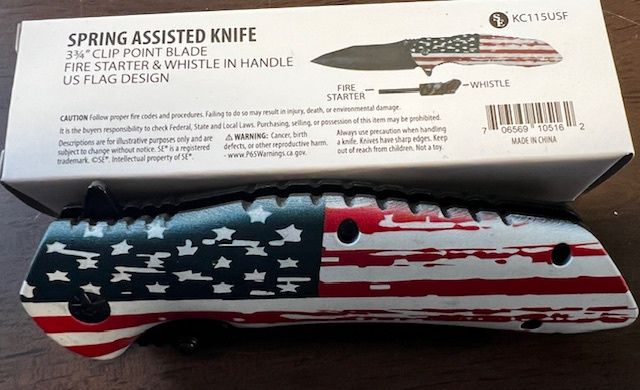 4&quot;/8.25&quot; Spring Assisted Black Clip Point USA Flag Design Pocket Knife with Clip with Fire Starter
