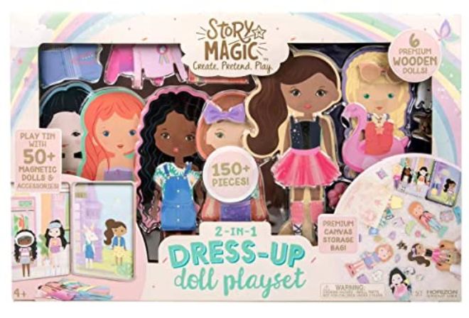 Story Magic Wooden Dress up Dolls with Tin