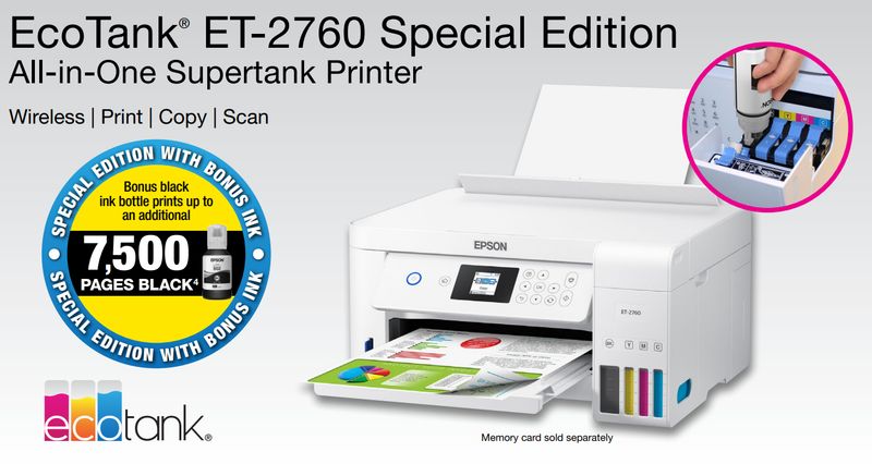 Epson EcoTank ET-2760se Wireless Color All-in-One Cartridge-Free Supertank Printer with Scanner and Copier - Retail $249.99