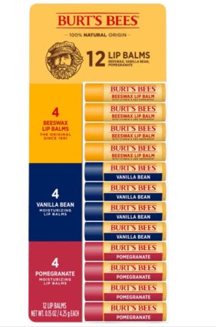 Burt S Bees 100% Natural Original Lip Balm 11-Pack Includes 4 Beeswax 4 Vanilla Bean 4 Pomegranate Moisturizing Lip Balms 0.15 Ounce