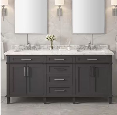Sonoma 72 in. Double Sink Midnight Blue Bath Vanity with Carrara Marble Top, Retail $1439.