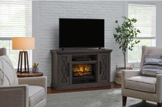 Concours 54 in. Freestanding Electric Fireplace TV Stand in Warm Gray with Charcoal Oak Grain - Retail $169.00