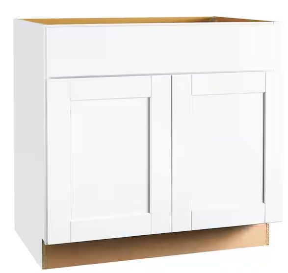 Hampton Bay Shaker 36 in. W x 24 in. D x 34.5 in. H Assembled Sink Base Kitchen Cabinet in Satin White - Retail $259.00