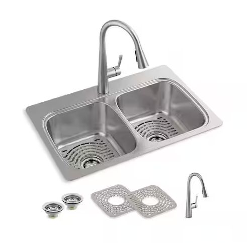 KOHLER Verse Stainless Steel 33 in. Double Bowl Drop-In Kitchen Sink with Faucet - Retail $349.00