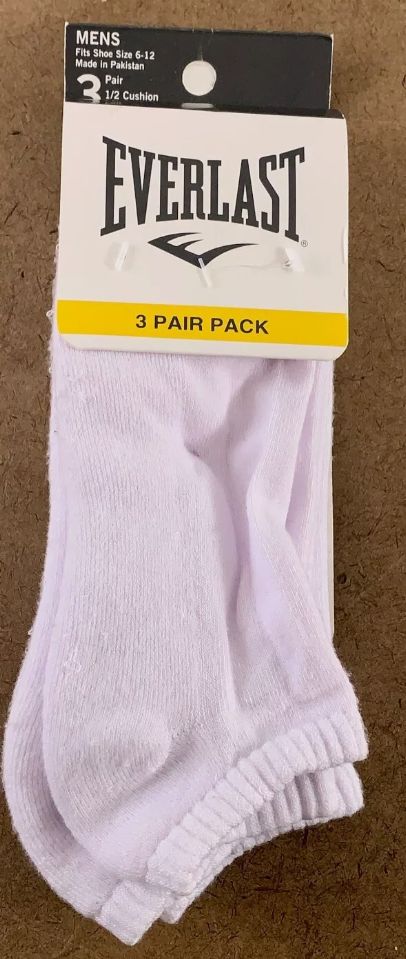 Everlast 3-Pack 1/2 Cushion No Show Socks White Sizes 6-12