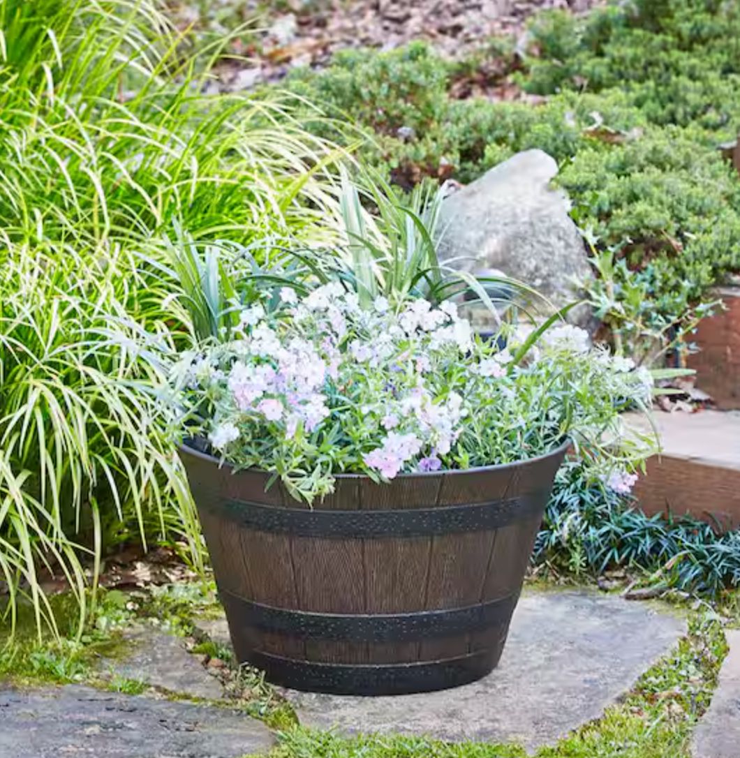 Southern Patio New Large 22.24 in. Dia x 13.04 in. H 49 qt. Kentucky Walnut Medium Brown High-Density Resin Whiskey Barrel Outdoor Planter