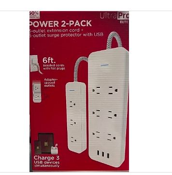 Ultra Pro Elite Power 2 Pack 3 Outlet Extension Cord + 6 Outlet Surge Protector-Retail-$ 19.99