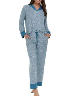 Flora Nikrooz FN Women&#39;s 2 Piece Super Soft Satin Trim Notch Collar Pajama Sleep Lounge Set Teal-L-Retail-$  17.99