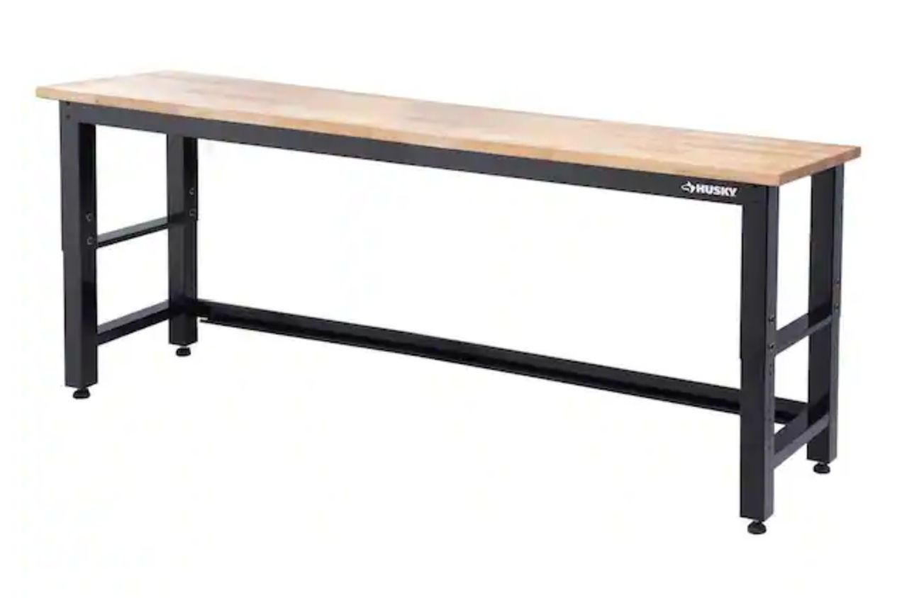 Husky 96 in. W x 24 in. D Adjustable Height Black Workbench, Solid Wood Top, Steel Garage Storage System - Retail $581.99